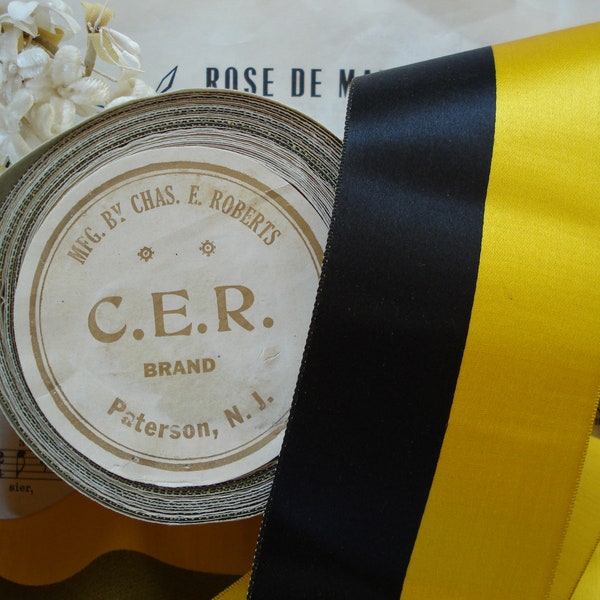 1y vintage USA 2 1/2 » Jaune Noir Soie Coton Satin Stripe Millinery Ribbon Trim Flapper Victorian Hat Cloche Cockade Flower Award Militaire