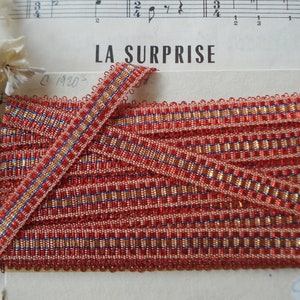 1 an antique français 1/2" rouge blanc bleu or métallique bord picot boucle frange ruban de garniture de poupée patriotique édouardienne robe chapeau ornement de Noël