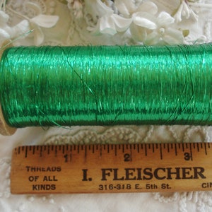 Vintage Spool c1950&#39;s Christmas Green Lurex Tinsel Metallic Embroidery Thread Hand Sewing Needlework Millinery Trim French Ribbon Floss