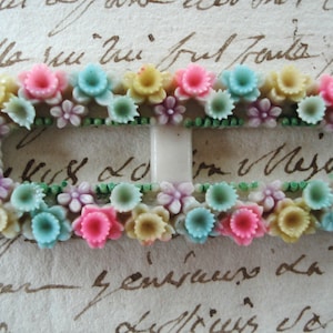 Vintage Carved Tiny Pastel Pink Yellow Green Blue Flowers Floral Celluloid Plastic Baby Doll Belt Buckle Dress French Bebe Buckle Trim Japan