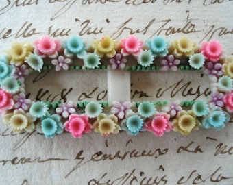 Vintage Carved Tiny Pastel Pink Yellow Green Blue Flowers Floral Celluloid Plastic Baby Doll Belt Buckle Dress French Bebe Buckle Trim Japan