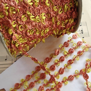 1y Vintage French Yellow Coral Pink Rosette Rococo Rayon Floss Picot Ribbon Doll Trim Scrapbook Boudoir Paper Craft Crazy Quilt Hat Dress image 1