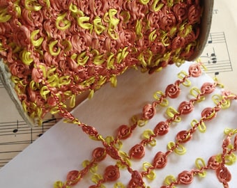 1y Vintage French Yellow Coral Pink Rosette Rococo Rayon Floss Picot Ribbon Doll Trim Scrapbook Boudoir Paper Craft Crazy Quilt Hat Dress