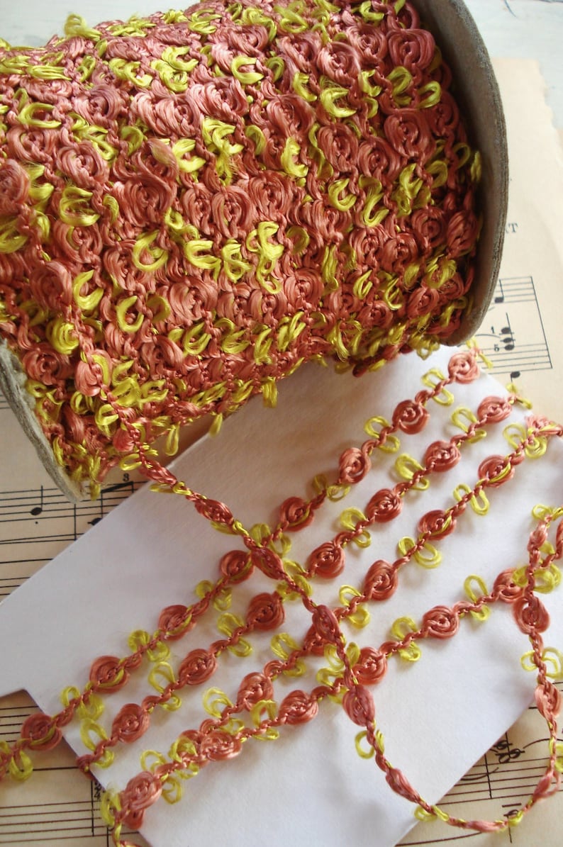 1y Vintage French Yellow Coral Pink Rosette Rococo Rayon Floss Picot Ribbon Doll Trim Scrapbook Boudoir Paper Craft Crazy Quilt Hat Dress image 1
