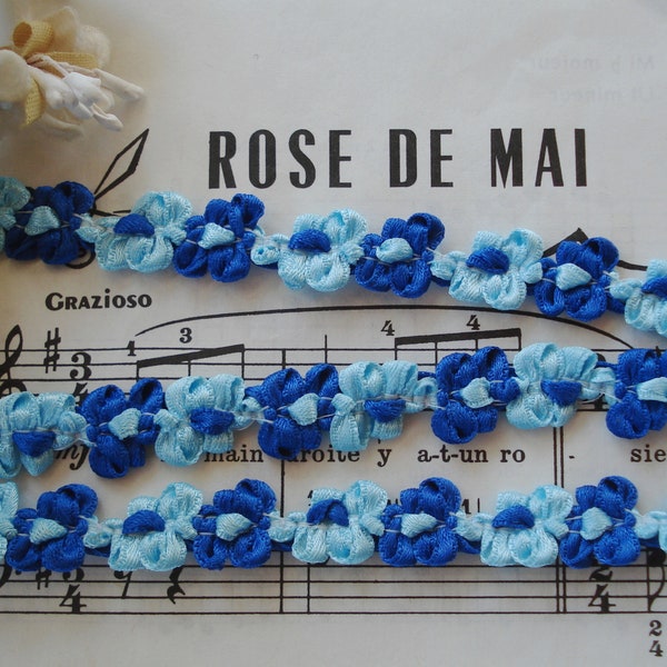 1y Vintage French 3/8" Baby Blue Royal Blue Rosette Flower Bow Satin Ribbon Hat Doll Trim Flapper Edwardian Boudoir Bonnet Bebe Dress France