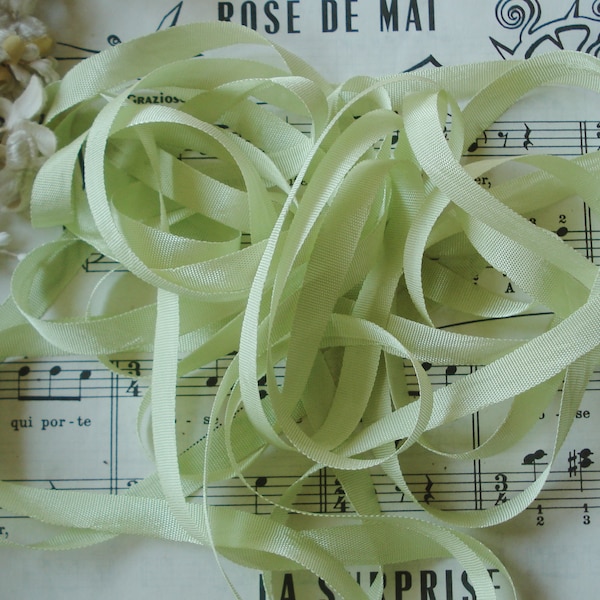 8y Vintage Tiny 3/8" Light Celery Green Rayon Seam Binding Ribbon Trim Hat Doll Millinery Flower Work Bonnet Sewing Hang Tag Wedding Favors