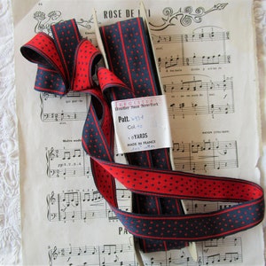 1y 9&quot; Vintage French 1&quot; Red Dark Blue Cotton Polka Dot Stripe Reversible Woven Jacquard Gingham Ribbon Trim Flapper Edwardian Hat Bow Doll