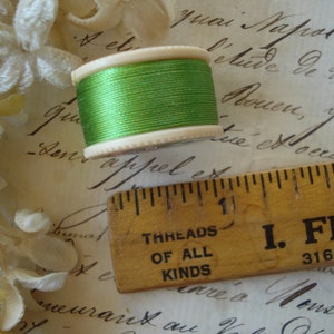 May include: A spool of vibrant green thread is positioned beside a vintage wooden ruler, which reads "THREADS OF ALL KINDS". The background features handwritten script on aged paper, evoking a craft or sewing theme.