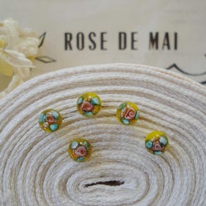 1 Piece Vintage Czech HM 1/4&quot; Glass Pink Rose Floral Flower Yellow Gold Glitter Paperweight Round Ball Lampwork Shank Button Antique Sew