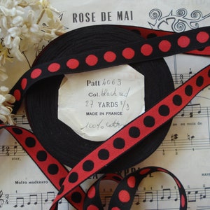 1y Vintage French 5/8&quot; Red Black Cotton Polka Dot Reversible Woven Jacquard Gingham Ribbon Trim Millinery Hat Bow Tote Bag Doll Dog Collar