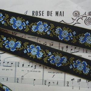 1y Vintage French 1 1/4&quot; Two Tone Blue Flowers Olive Green Black Embroidered Jacquard Cross Stitch Ribbon Trim Tote Bag Sewing Craft Quilt