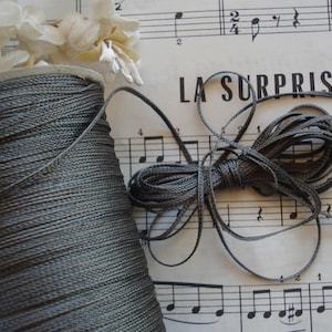 4y Vintage French 1/16&quot; Tiny Gunmetal Gray Rayon Braid Soutache Gimp Passementerie Cord Trim Ribbon Work Flower Millinery Fashion Doll Hat