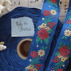 1y Vintage French 1&quot; Red Roses Yellow Flowers Ocean Blue Embroidered Jacquard Brocade Floral Ribbon Trim Doll Flapper Dress Sash Ladies Hat