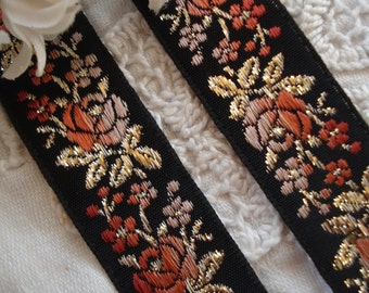 1y Vintage French 3/4" Ombre Rust Shell Pink Roses Flowers Sparkly Gold Metallic Leaves Woven Jacquard Silk Flapper Deco Ribbon Trim Doll