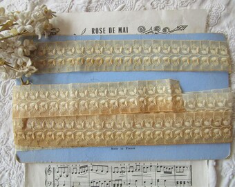 1y 2" Antique French Aged 1 5/8" Cotton Floral Embroidered Schiffli Sheer Lace Ribbon Applique Trim Vintage Edwardian Primitive Dress Hat