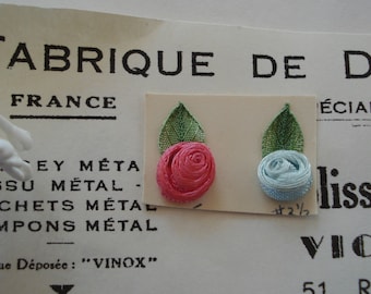 2 Vintage French Hand Made Coral Pink Light Blue Silk Rose Bud Ribbon Work Flower Appliques Antique Doll Dress Hat Bonnet Crazy Quilt Trim