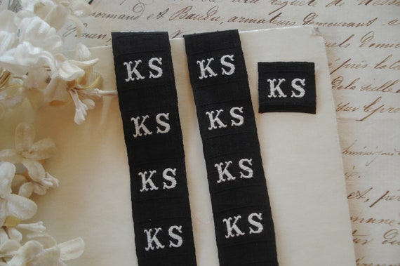 1 Antique c1920 French White Black Fancy Monogram Initial Letter "KS" Silk Satin Applique Textile Dress Maker Label Millinery Ribbon Trim