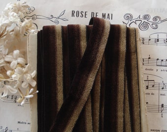 1y 9" Vintage French Variegated Brown Beige 7/8" Stripe Rayon Velvet Millinery Ribbon Trim Doll Hat Victorian Flapper Dress Choker Wreath