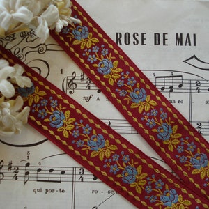 1 jaar vintage Franse 1" blauwe bloemen rozen bordeaux goud geweven jacquard diamant ontwerp lint trim pop jurk naaien Victoriaanse flap edwardiaans