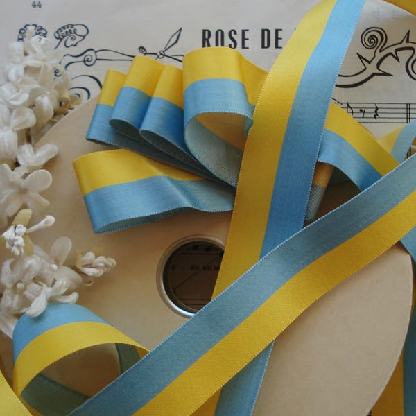 1 an vintage Français 2,5 cm bleu canard rayonne de coton jaune soleil rayures en satin de coton chapellerie ruban garniture clapet chapeau cloche cocarde fleur prix ceinture