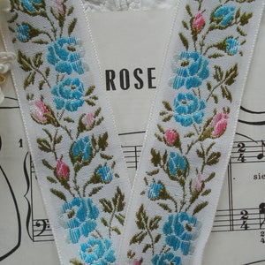 1y Vintage 1 1/4" Aqua Blue Ombre Pink Flowers Roses Cotton Rayon Woven Jacquard Brocade Ribbon Trim Doll Dress Edwardian Flapper Hat Bow