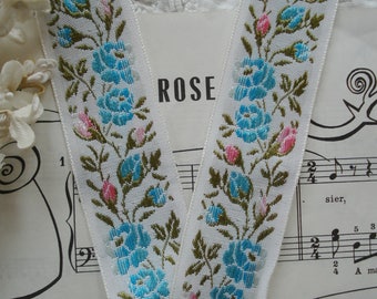 1y Vintage 1 1/4" Aqua Blue Ombre Pink Flowers Roses Cotton Rayon Woven Jacquard Brocade Ribbon Trim Doll Dress Edwardian Flapper Hat Bow