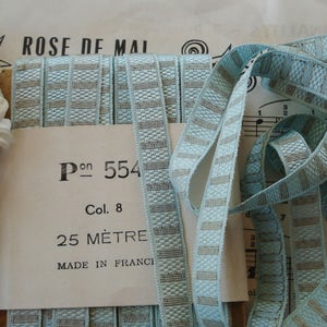 以下が含まれることがあります： P_on 554 Col. 8 25 MÈTRE MADE IN FRANCIと書いてあるラベルが付いた、薄い青と銀のストライプのリボンロールです。