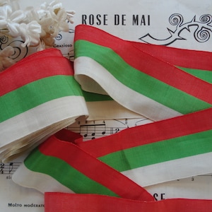 1y Vintage French 1 5/8&quot; Red Green White Cotton Silk Taffeta Stripe Millinery Ribbon Trim Downton Abbey Flapper Hat Bow Dress Sash Edwardian
