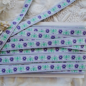 8y Vintage USA 1/2&quot; Lavender Purple Green Floral Flowers Embroidered Jacquard Ribbon Trim Tote Bag Purse Strap Boho Chic Sewing Notions Doll