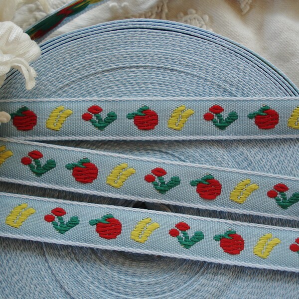 2y Vintage French 1/2" Red Apples Fruit Flowers Yellow Shabby Blue Cotton Embroidered Ribbon Trim French Country Kitchen Cottage Sewing Trim
