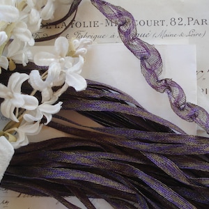 1/2y Antique French Plum Purple Gold Metal Thread Ruching Metallic Mesh Lace Ribbon Work Flower Base Trim Embroidery Vintage Floral Applique