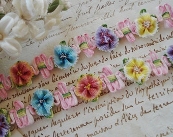 1y French Style Pink Ombre Yellow Blue Peach Purple Rococo Rosette Flower Ribbon Doll Trim Scrapbook French Doll Flapper Hat Crazy Quilt