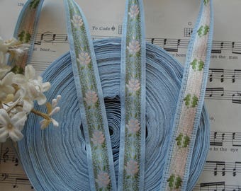 32" Vintage Stunning French 5/8" Pale Pink Flowers Ombre Blue Olive Green Jacquard Brocade Silk Floral Woven Ribbon Trim Doll Bonnet Dress