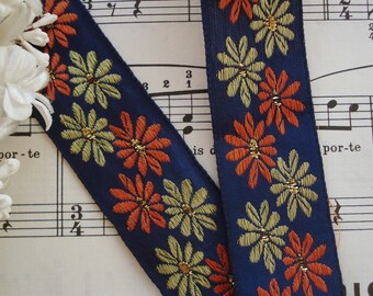 1y Vintage French 1" Copper Chartreuse Navy Blue Embroidered Daisy Flower Jacquard Gold Metallic Floral Art Deco Ribbon Trim Victorian Doll