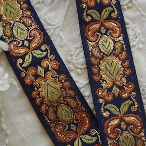 1y Vintage French 1&quot; Metallic Navy Blue Copper Silk Jacquard Art Deco Gold Metallic Embroidered Ribbon Trim Flapper Hat Cloche Dress