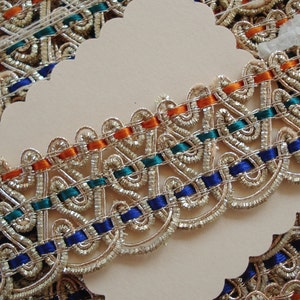 1 år Vintage Franskt Silvertackor Blå Orange Grön Tandtrådsinsats Passementerie Gimp Metall Metallisk Tråd Fläta Bandkant Flapper Viktoriansk