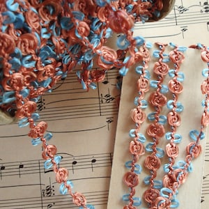 1y Vintage French Blue Coral Pink Silky Rayon Rosette Rococo Ribbon Work Flower Trim Flapper Boudoir Scrapbook Paper Craft Embellishment