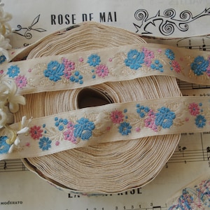 1y Vintage French 1&quot; Lilac Pink Blue Floral Flowers Gold Metallic Jacquard Woven Ribbon Trim Doll Dress Brocade Hat Dress Cottage Trim