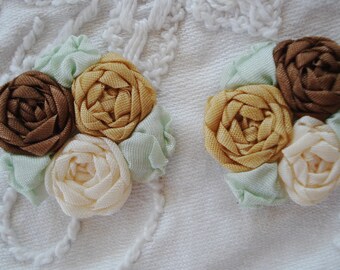 1 Piece Hand Made Silk Brown Gold Ivory Roses Ribbonwork Ribbon Flower Applique Vintage French Doll Dress Hat Bear Crazy Quilt Craft Trim