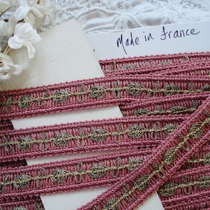 1y Vintage French 5/8&quot; Rose Pink Gold Metallic Thread Insert Passementerie Gimp Braid Ribbon Lace Trim Hat Boudoir Edwardian  Lampshade