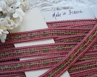 1y Vintage French 5/8" Rose Pink Gold Metallic Thread Insert Passementerie Gimp Braid Ribbon Lace Trim Hat Boudoir Edwardian  Lampshade