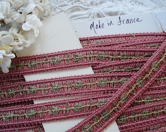 2y Vintage French 5/8" Rose Pink Gold Metallic Thread Insert Passementerie Gimp Braid Ribbon Lace Trim Hat Boudoir Edwardian  Lampshade