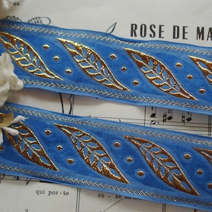 1y Vintage 1 1/2&quot; Two Tone Ocean Blue Gold Metallic Leaf Floral Embroidered Jacquard Brocade Millinery Ribbon Trim Flapper Edwardian Dress