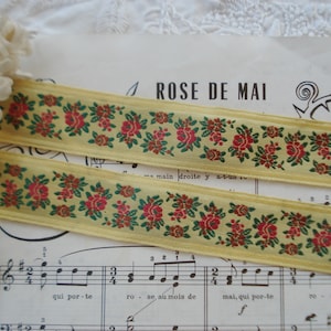 1y Vintage French 1 1/8&quot; Red Roses Flowers Yellow Floral Woven Jacquard Satin Ribbon Trim Doll Dress Flapper Edwardian Brocade Hat Sewing