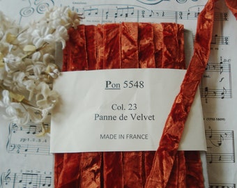 1y Vintage French 5/8" Rust Burnt Orange Crushed Panne Shimmery Velvet Millinery Ribbon Trim Vestment Hat Edwardian French Flapper Dress Bow