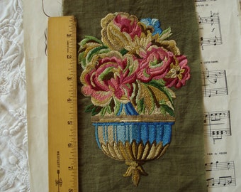 Antique French Silk Embroidered Colorful Roses Flowers Urn Basket Applique Textile Ribbonwork Victorian Edwardian Pillow Dress Home Decor