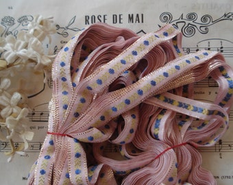 3y Vintage French 1/2" Pink with Blue Yellow Flowers Woven Rayon Gold Metallic Jacquard Brocade Ribbon Trim Bebe Doll Dress Bear Hat Flapper
