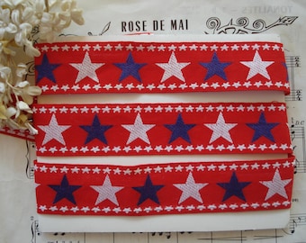 1y Vintage 1 1/2" Blue White Stars Red Woven Embroidered Jacquard  Ribbon Trim 4th of July Hat Patriotic Flag Pillow Sewing Costume Dress