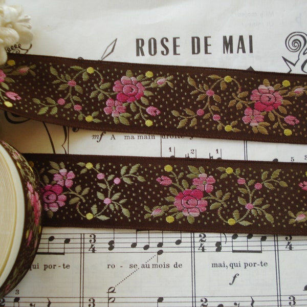 1y Vintage French 1 3/16" Ombre Pink Flowers Roses Brown Green Rayon Woven Jacquard Brocade Antique Edwardian Dress Hat Doll Ribbon Trim