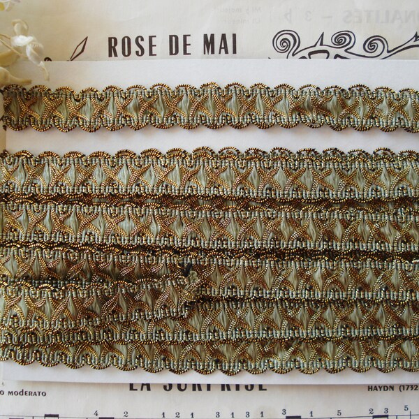 18" Vintage French 11/16" Sage Green Silk Gold Metallic Braid Gimp Passementerie Lace Ribbon Trim Lampshade Millinery Flapper Hat Dress